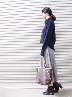 「DRESSLAVE（ドレスレイブ）のSugar Rose / pineapple turtle back tuck po(バックタックオフタートルニット)（ニット/セーター、ブルー系）」を使った、みずきさん（レディース）の夏コーディネート