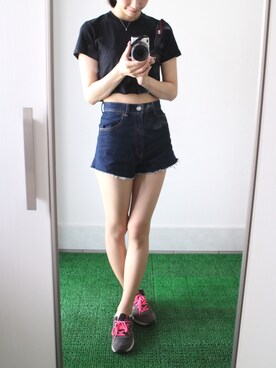 「American Apparel（アメリカンアパレル）のアイテム（Tシャツ/カットソー、ブラック系）」を使った、みずきさん（レディース）の夏コーディネート
