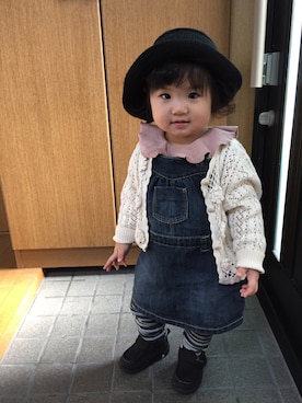 「サロペットスカート」｜「アイテム（ニットキャップ/ビーニー）」を使った、uuume＊さん（キッズ・80cm）の冬コーディネート