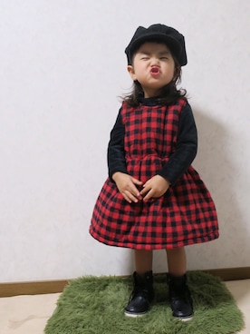 「チェックワンピース」｜「アイテム（ライダースジャケット）」を使った、uuume＊さん（キッズ・80cm）の秋コーディネート