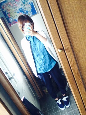 「UNIQLO（ユニクロ）のシャツ
（シャツ/ブラウス、グリーン系）」を使った、はなさん（レディース・156cm）の夏コーディネート