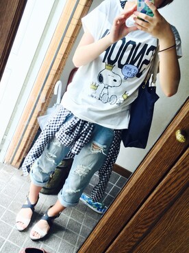 「UNIQLO（ユニクロ）のアイテム（Tシャツ/カットソー、ホワイト系）」を使った、はなさん（レディース・156cm）の夏コーディネート