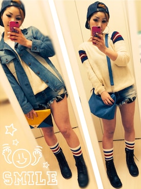 「 キャップ」｜「アイテム（デニムジャケット）」を使った、j-koさん（レディース・155cm）の春コーディネート