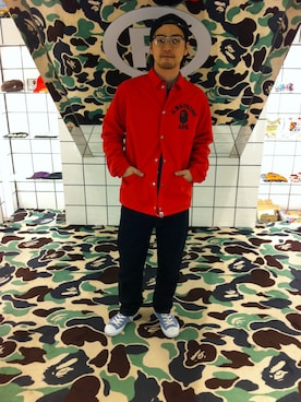 「A BATHING APE（アベイシングエイプ）のアイテム（ナイロンジャケット）」を使った、藤田 圭介さん（172cm）の冬コーディネート