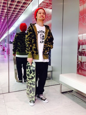 「A BATHING APE（アベイシングエイプ）のアイテム（ニットキャップ/ビーニー）」を使った、藤田 圭介さん（メンズ・172cm）の冬コーディネート