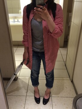 「アイテム（シャツワンピース、レッド系）」を使った、りこぴんさん（レディース・155cm）の夏コーディネート