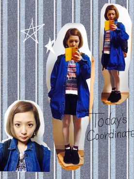「タイツ×靴下」｜「アイテム（デニムジャケット）」を使った、Natsumiさん（レディース・152cm）の秋コーディネート