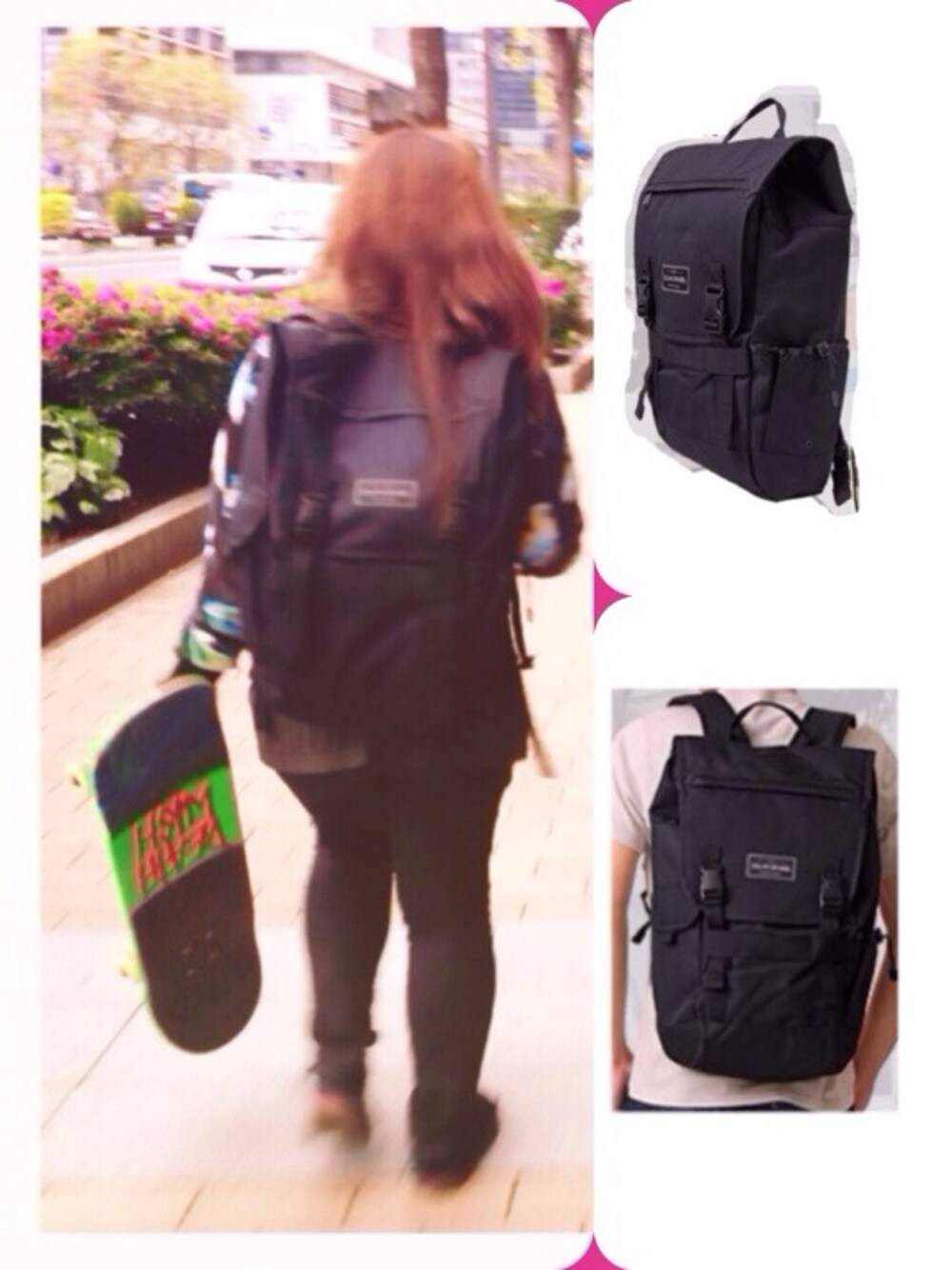 ブラック系のバックパック/リュック、ブラック系のスニーカー、ブラック系のブルゾンを着用したレディースの春コーディネートの1枚目の写真