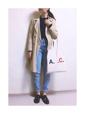 「ウエストイン」｜「アイテム（トレンチコート）」を使った、mayumi+さん（レディース・158cm）の冬コーディネート