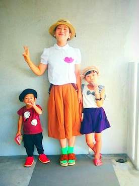 「カンカン帽」｜「アイテム（ハンチング/ベレー帽）」を使った、福すけさん（レディース・155cm）の夏コーディネート