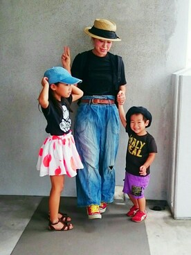 「カンカン帽」｜「アイテム（ハンチング/ベレー帽）」を使った、福すけさん（レディース・155cm）の夏コーディネート