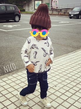「韓国子供服のアイテム（ニットキャップ/ビーニー、ブラウン系）」を使った、nico.さん（キッズ・100cm）の秋コーディネート