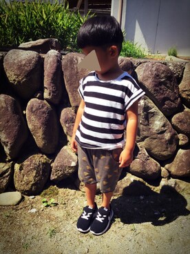 「韓国子供服のアイテム（Tシャツ/カットソー、ホワイト系）」を使った、nico.さん（キッズ・100cm）の夏コーディネート