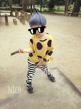 「韓国子供服のアイテム（ニットキャップ/ビーニー、グレー系）」を使った、nico.さん（キッズ・100cm）の秋コーディネート