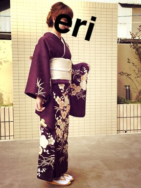 「？のアイテム（浴衣、パープル系）」を使った、erikoさん（レディース）の冬コーディネート