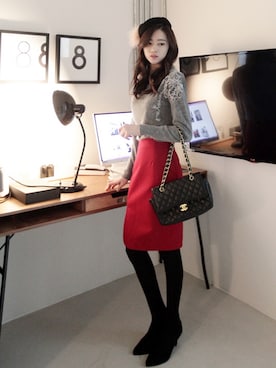 「レッド」｜「アイテム（ハンチング/ベレー帽）」を使った、NIPONJJUYAさん（レディース・165cm）の冬コーディネート