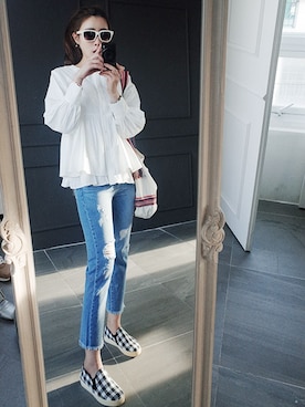 「アイテム（シャツ/ブラウス、ピンク系）」を使った、NIPONJJUYAさん（レディース・165cm）の春コーディネート