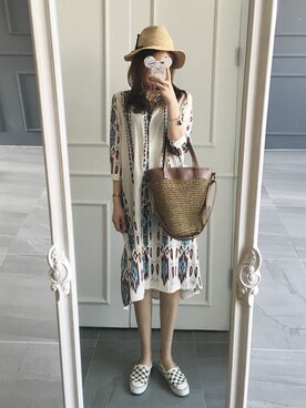 「 カジュアル」｜「アイテム（シャツワンピース）」を使った、NIPONJJUYAさん（レディース・165cm）の夏コーディネート