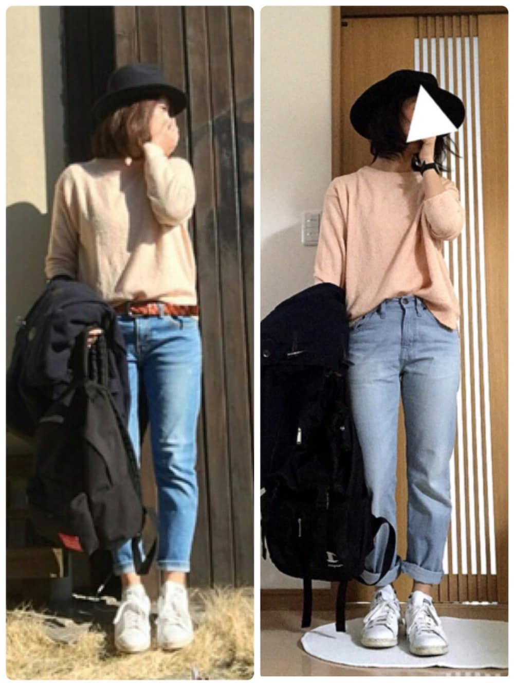 ピンク系のトップス、ブルー系のパンツ、ホワイト系のスニーカーを着用したレディースの冬コーディネートの1枚目の写真