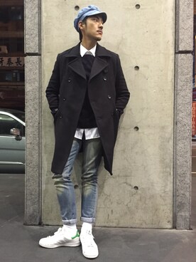 「blue」｜「アイテム（ピーコート）」を使った、Shu Han Changさん（メンズ・180cm）の冬コーディネート