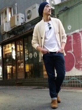 「blue」｜「アイテム（ニットキャップ/ビーニー）」を使った、Shu Han Changさん（メンズ・180cm）の冬コーディネート