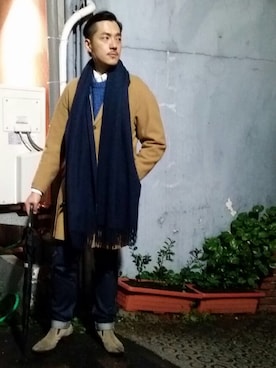 「blue」｜「アイテム（チェスターコート）」を使った、Shu Han Changさん（メンズ・180cm）の冬コーディネート