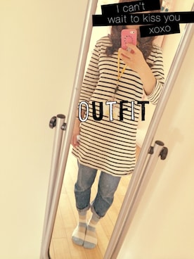 「mumokutekiのボーダーチュニック（Tシャツ/カットソー、ホワイト系）」を使った、だつさん（レディース・160cm）の夏コーディネート