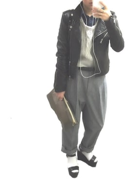 「スラックスパンツ」｜「アイテム（ライダースジャケット）」を使った、MAISさん（レディース・155cm）の春コーディネート