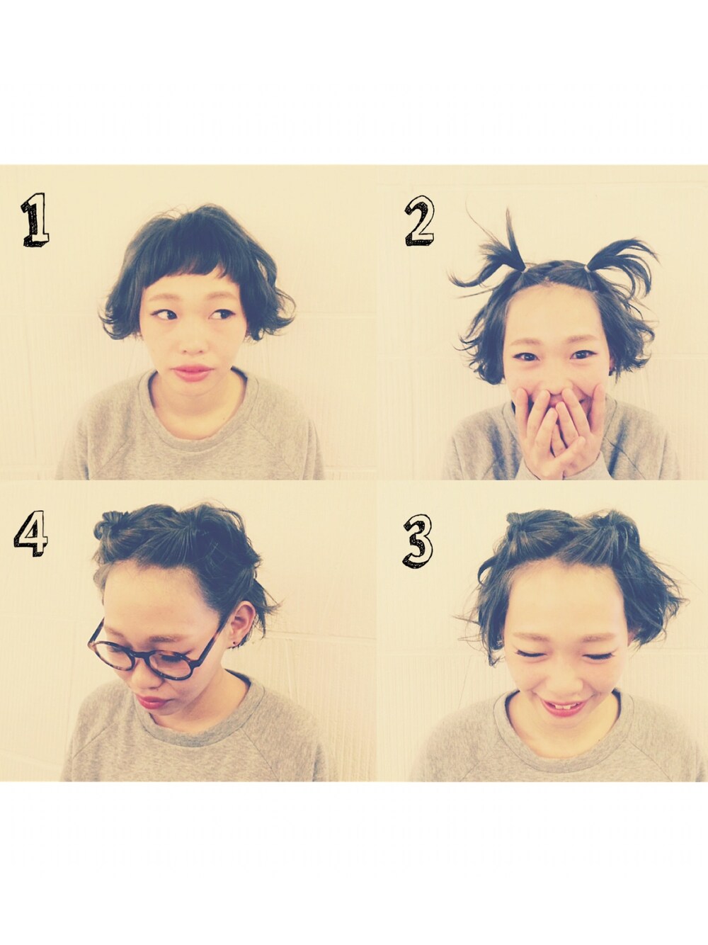 「ヘアアレンジ、アレンジ、簡単ヘアアレンジ、前髪アレンジ、ショートバング、ショートヘア、前髪ぱっつん、前髪みじ族」｜「OLIVER PEOPLESのアイテム（メガネ、ブラウン系）」を使った、Mihocoさん（レディース・158cm）の春コーディネートの1枚目の写真