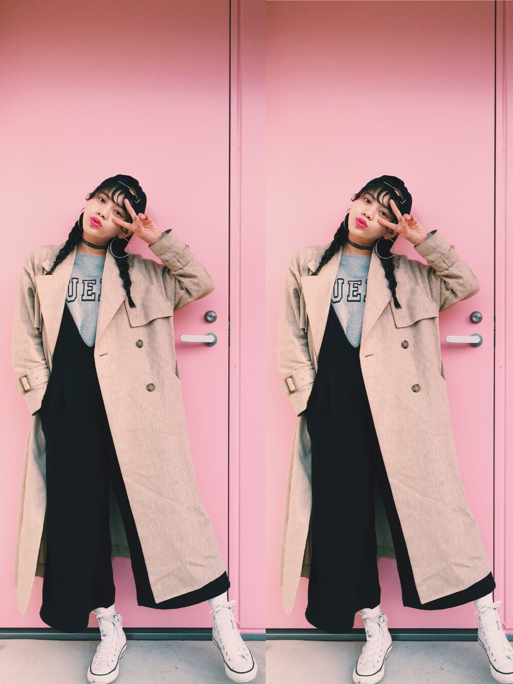 「春コーデ、オトナカジュアル、休日スタイル、オトナ女子、みつあみ、キャップ、サロペット、converse、GU、KaneZ」｜「JEANASISのカレッジロゴウラケプルオーバーＬＳ/560929（スウェット、グレー系）」を使った、T Λ Eさん（レディース・158cm）の春コーディネートの1枚目の写真