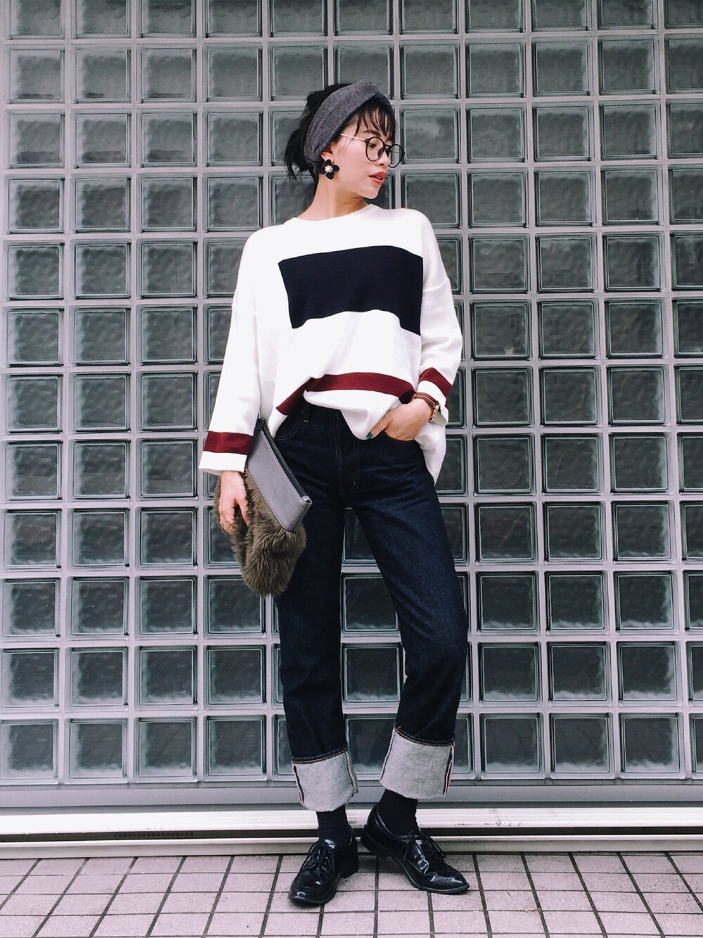 「カジュアル、plainclothing、moussy、ZARA、JEANASiS、Double name、amplis、めがね、ターバン、ラクチンコーデ」｜「PLAIN CLOTHINGの【PLAIN CLOTHING】ラインニットロングスリーブ（ニット/セーター、ホワイト系）」を使った、T Λ Eさん（レディース・158cm）の秋コーディネートの1枚目の写真