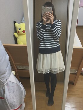 「Green　Parks（グリーンパークス）のアイテム（ニット/セーター、ブルー系）」を使った、tanaさん（レディース・160cm）の春コーディネート