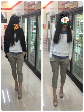 「GU（ジーユー）のアイテム（シャツ/ブラウス、ブルー系）」を使った、維維さん（レディース・165cm）の冬コーディネート