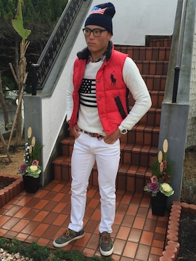 POLO RALPH LAURENのダウンベスト（レッド系）を使った人気