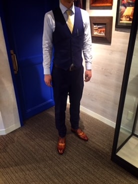 「アイテム（ドレスシューズ、ブラウン系）」を使った、madrasAOさん（メンズ・179cm）の春コーディネート