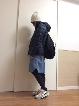 「デニムワンピース」｜「アイテム（ダウンジャケット/コート）」を使った、enami☻*さん（レディース・146cm）の冬コーディネート