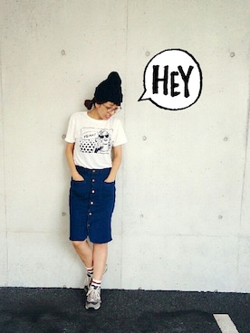 「ひざ丈スカート」｜「アイテム（ニットキャップ/ビーニー）」を使った、yurryさん（レディース・159cm）の夏コーディネート