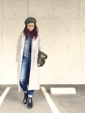「デニムonデニム」｜「アイテム（ハンチング/ベレー帽）」を使った、yurryさん（レディース・159cm）の冬コーディネート