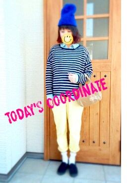 「アイテム（ニットキャップ/ビーニー、ブルー系）」を使った、Natsuki Takeokaさん（レディース・159cm）の冬コーディネート