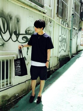 「Lui's（ルイス）のアイテム（Tシャツ/カットソー、ブルー系）」を使った、牧場主さん（メンズ）の春コーディネート