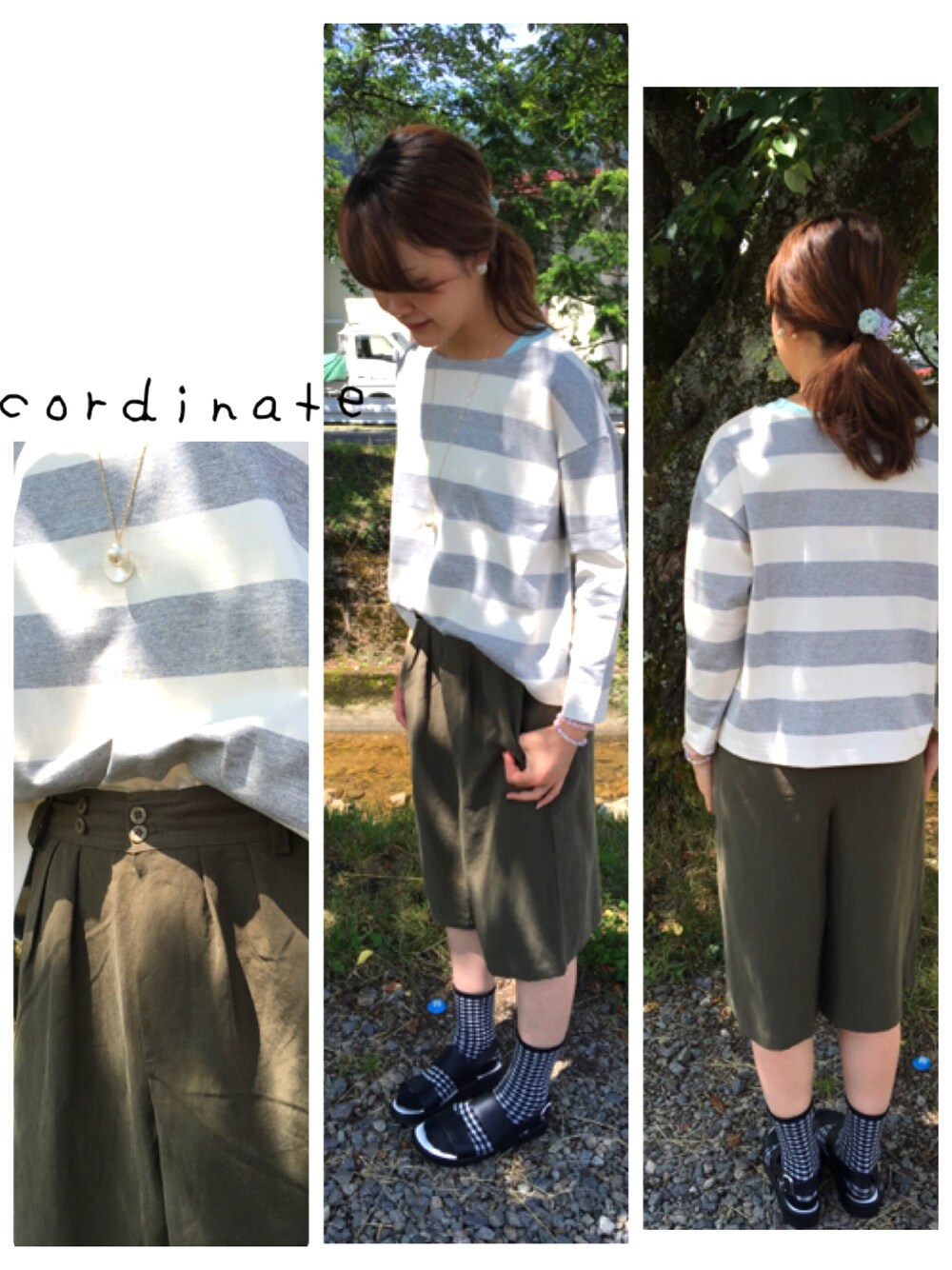 「リラックス#コーデ#ナチュラル、ボーダー#カットソー#soi-e、ガウチョパンツ#aug、大人カジュアル、セレクトショップ#coquelicot#コクリコ」｜「soi-eのアイテム（Tシャツ/カットソー、グレー系）」を使った、konamiさん（レディース・164cm）の夏コーディネートの1枚目の写真