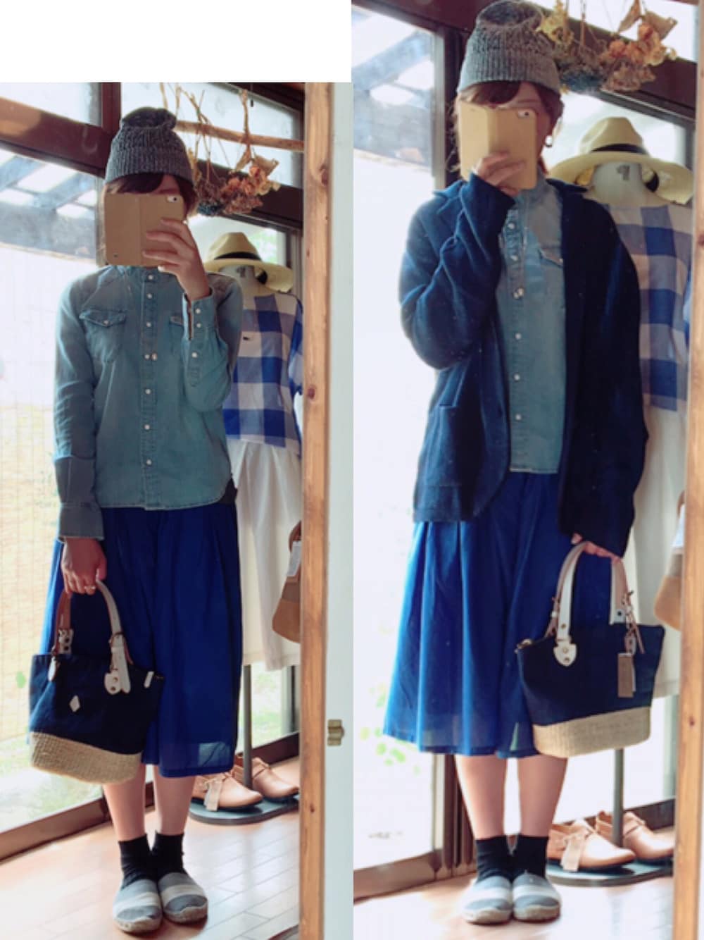 「ニットジャケット#秋を先取り#コーデ、ブルー#デニムシャツ#スカート、ナチュラル#セレクトショップ#コクリコ#coquelicot#飛騨高山」｜「UNIVERSALWEARのアイテム（ジャケット/アウター、ブルー系）」を使った、konamiさん（レディース・164cm）の夏コーディネートの1枚目の写真