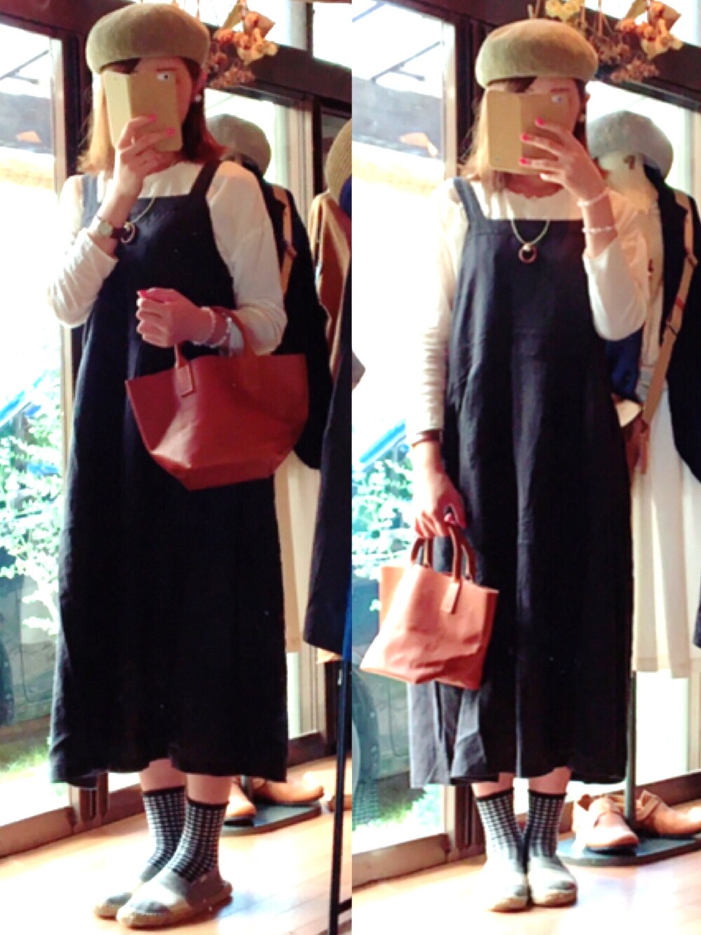 「新作#秋冬、エプロンワンピ#リネンサロペットスカート、レザーハンドバッグ#牛革」｜「ELLIFEのアイテム（ワンピース、ブラック系）」を使った、konamiさん（レディース・164cm）の夏コーディネートの1枚目の写真