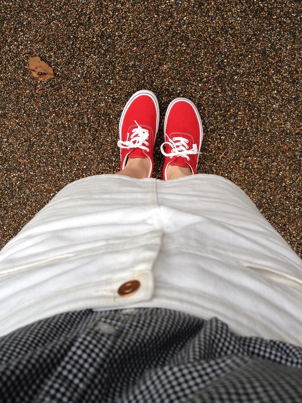 「ギンガムチェックシャツ、白タイトスカート、VANS、vans era、赤スニーカー、earth music&ecology、Kastane」｜「earth music&ecologyのベーシックシャツ（シャツ/ブラウス、ブラック系）」を使った、ym...さん（レディース・160cm）の夏コーディネートの1枚目の写真