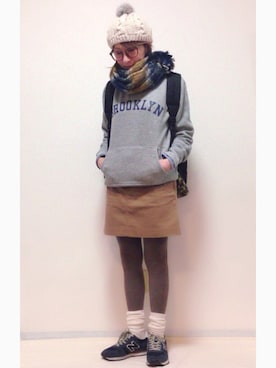 「タイツ×靴下」｜「アイテム（ニットキャップ/ビーニー）」を使った、uraさん（レディース・152cm）の秋コーディネート