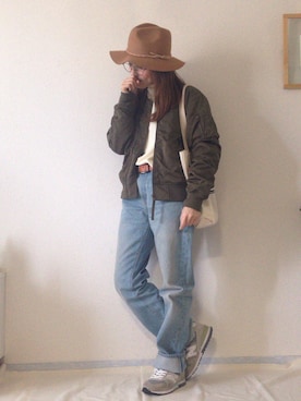 「ゆるニット」｜「アイテム（MA-1）」を使った、uraさん（レディース・152cm）の秋コーディネート