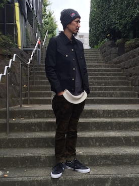 「BEN DAVIS（ベンデイビス）のアイテム（帽子）」を使った、BENCH AT THE GREENEさん（メンズ・173cm）の秋コーディネート
