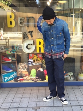 「BEN DAVIS（ベンデイビス）のアイテム（帽子）」を使った、BENCH AT THE GREENEさん（メンズ・173cm）の秋コーディネート