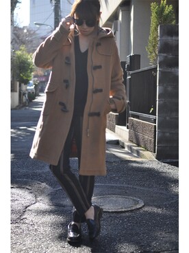 「ストライプパンツ」｜「アイテム（ダッフルコート）」を使った、lubbshopさん（レディース・159cm）の冬コーディネート