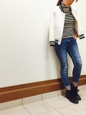 「ボーダーニット」｜「アイテム（スタジャン）」を使った、Merbさん（レディース・158cm）の冬コーディネート